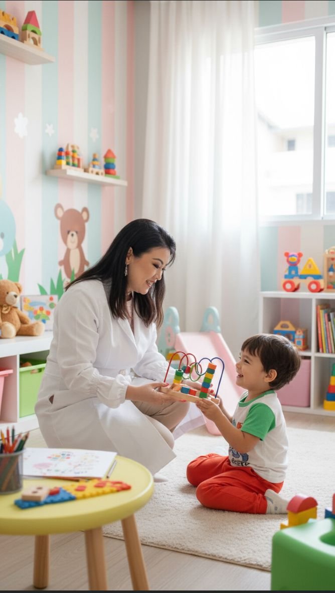 Médica interagindo com uma criança em ambiente infantil