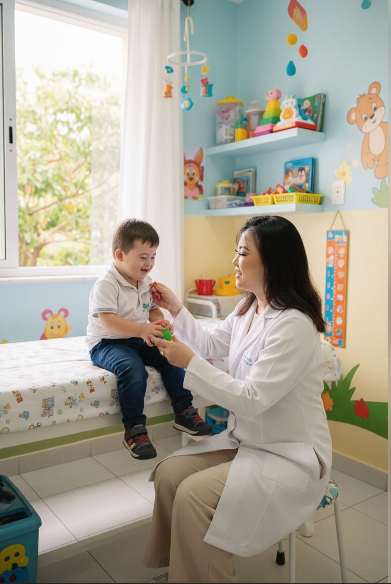 Médica durante consulta pediátrica com uma criança