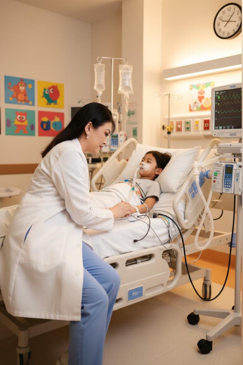 Médica acompanhando uma criança hospitalizada